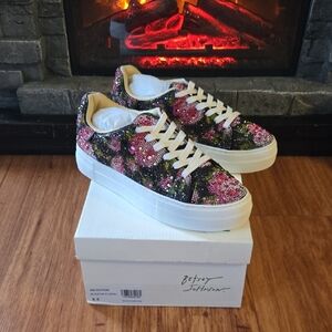 Betsey Johnson Black Sequin Floral Platform Sneakers with Pink Roses